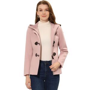 Casual Winter Outwear Hooded Button Toggle Pea Coat Pink